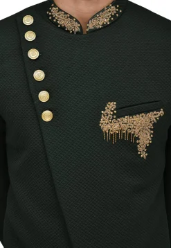 Hand Embroidered Scuba Asymmetric Dhoti Sherwani in Dark Green