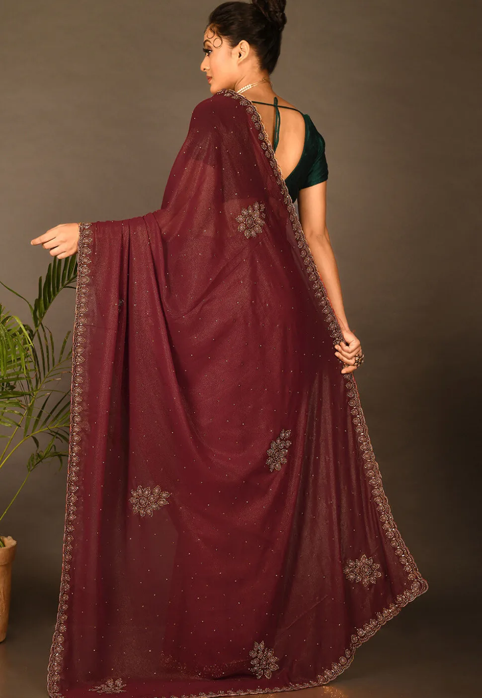 Hand Embroidered Shimmer Georgette Saree in Maroon