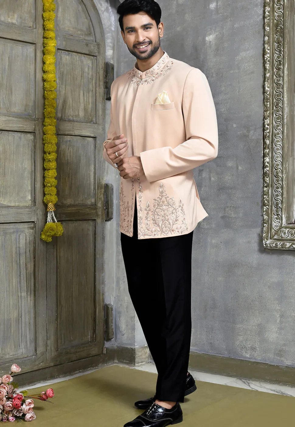 Hand Embroidered Suede Jodhpuri Suit in Peach