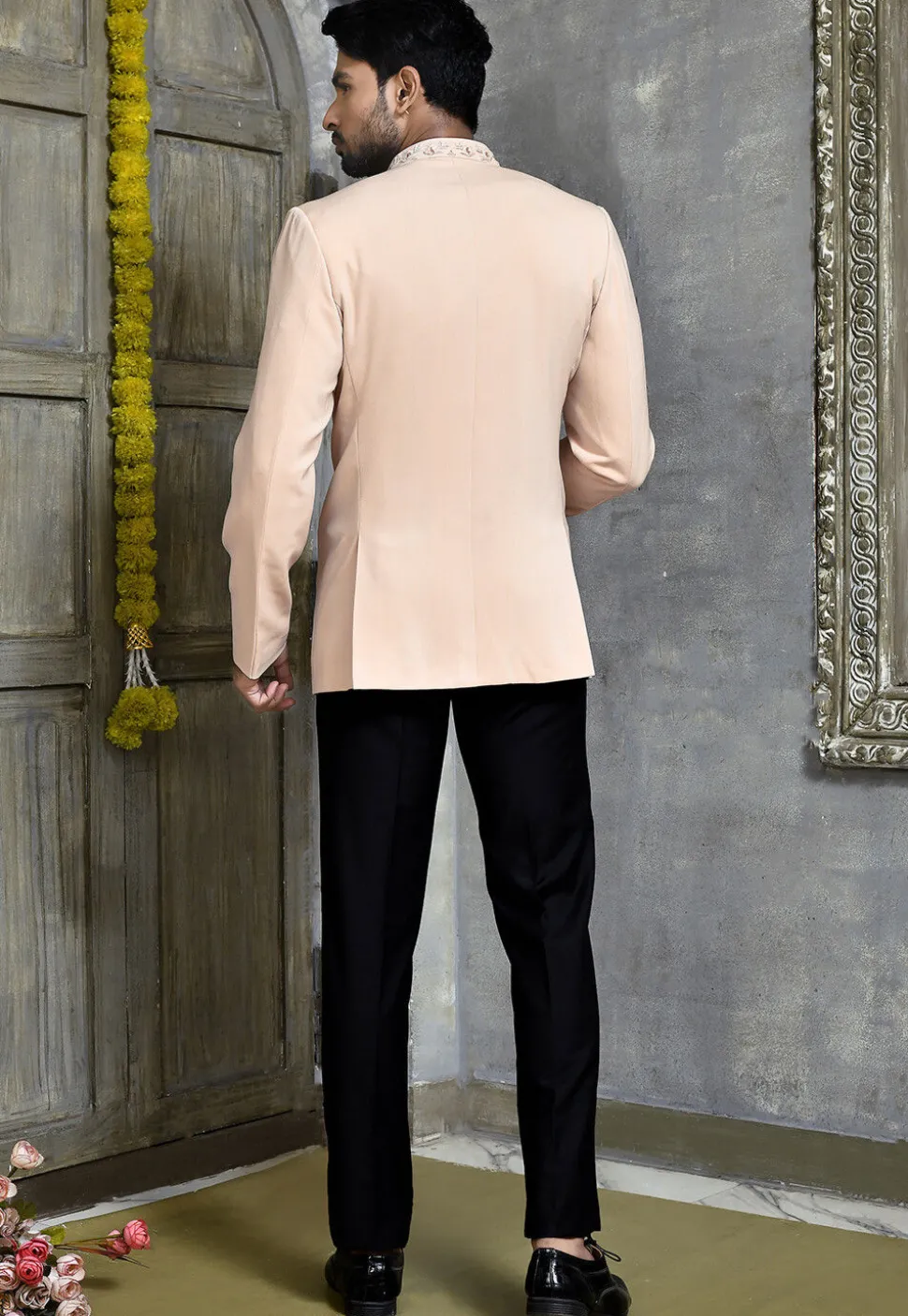 Hand Embroidered Suede Jodhpuri Suit in Peach