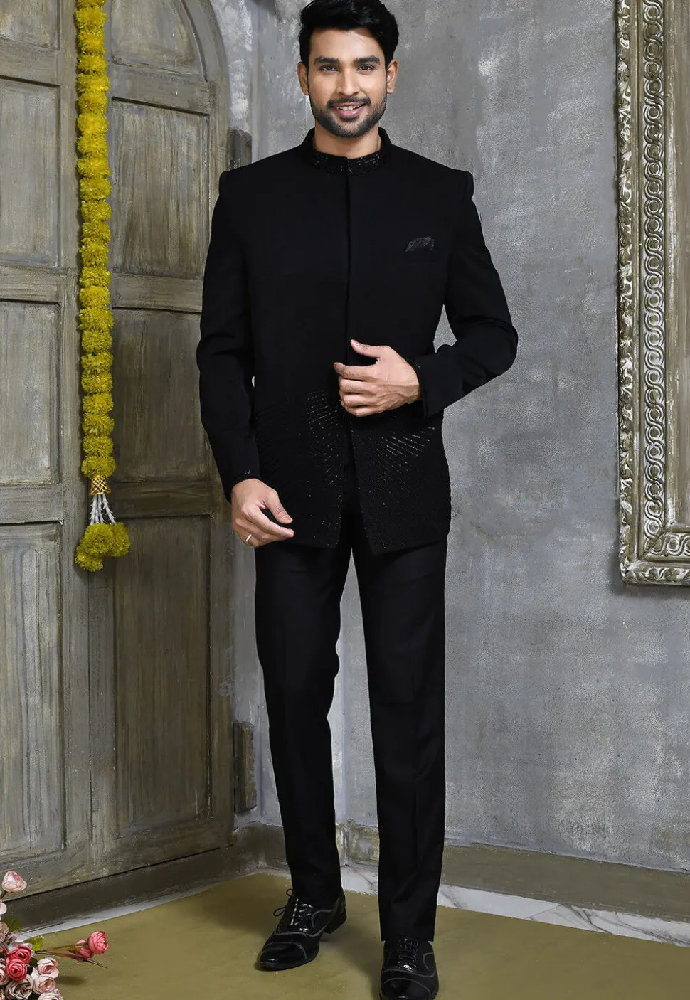 Hand Embroidered Suede Jodhpuri Suit in Black