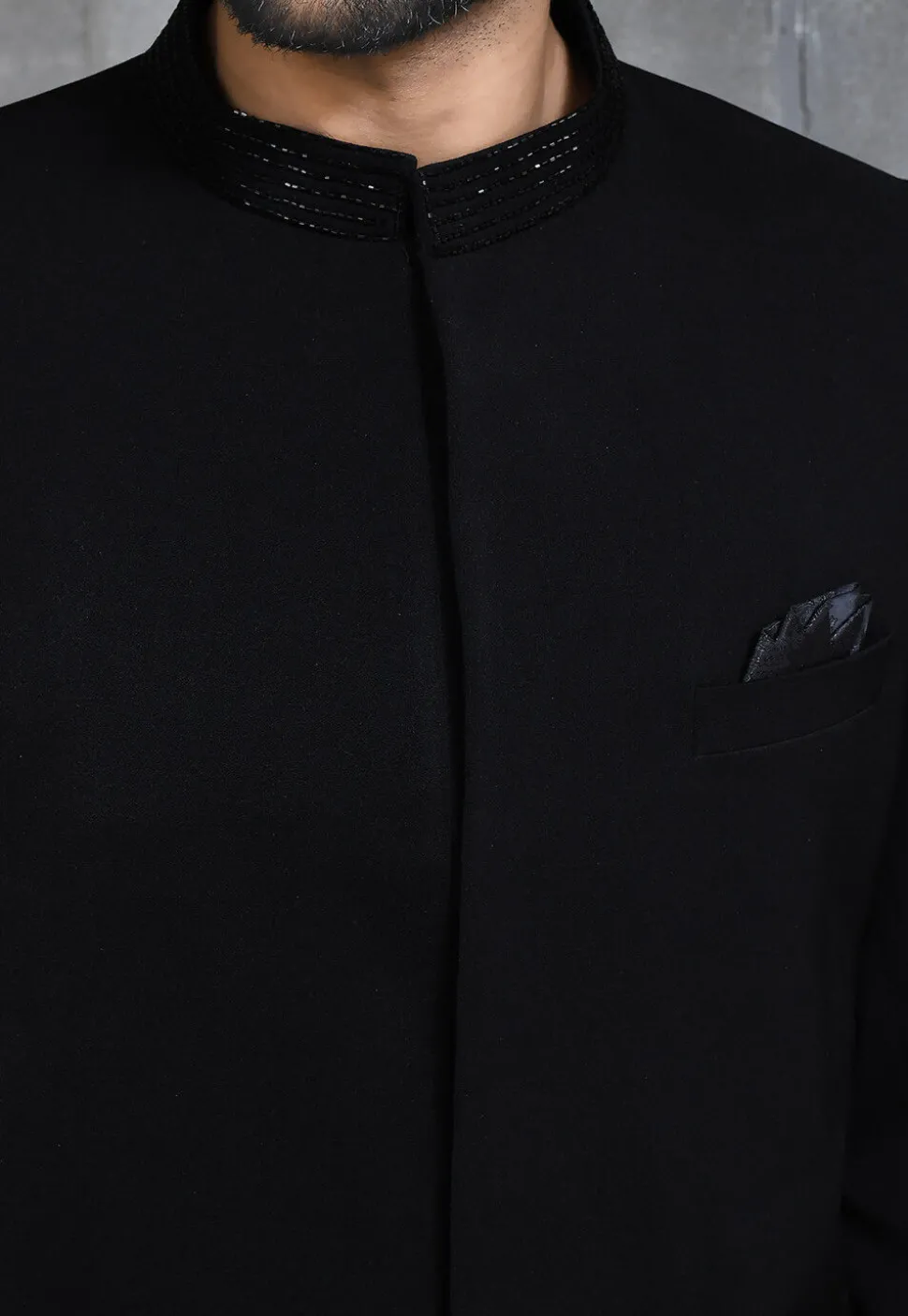Hand Embroidered Suede Jodhpuri Suit in Black