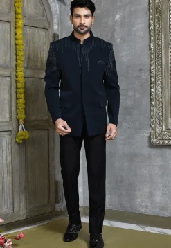 Hand Embroidered Suede Jodhpuri Suit in Navy Blue