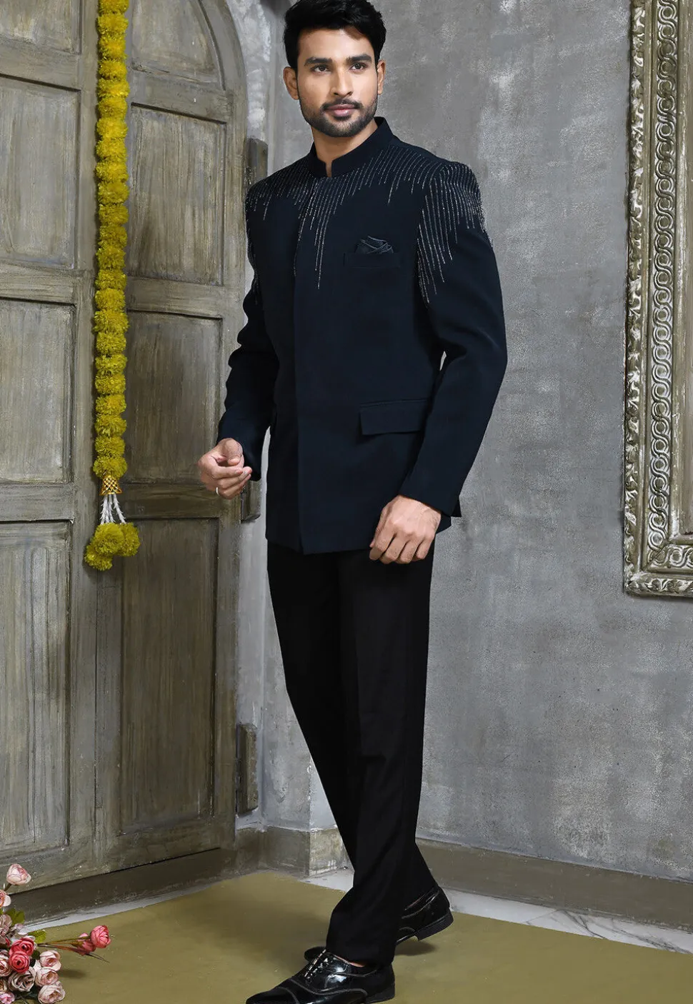 Hand Embroidered Suede Jodhpuri Suit in Navy Blue
