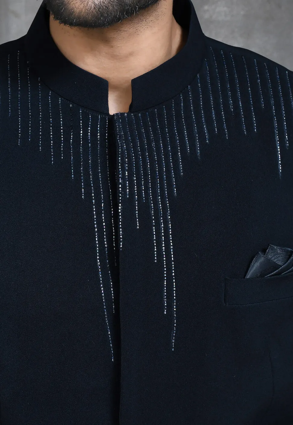 Hand Embroidered Suede Jodhpuri Suit in Navy Blue