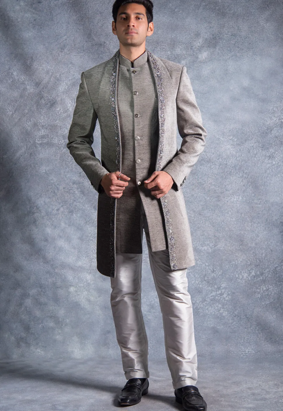 Hand Embroidered Suede Silk Sherwani in Grey