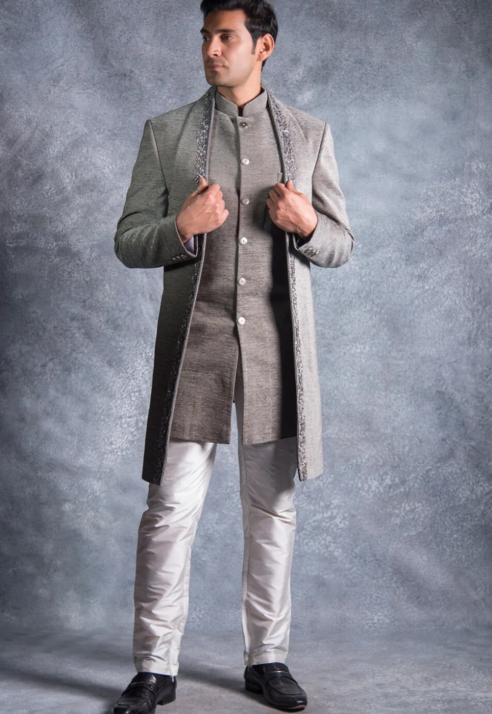 Hand Embroidered Suede Silk Sherwani in Grey