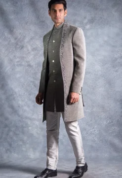 Hand Embroidered Suede Silk Sherwani in Grey