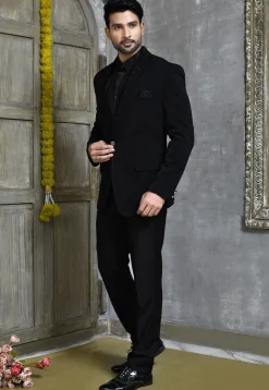Hand Embroidered Suede Suit Set in Black