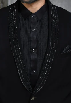 Hand Embroidered Suede Suit Set in Black