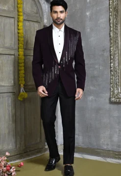 Hand Embroidered Suede Suit Set in Dark Purple