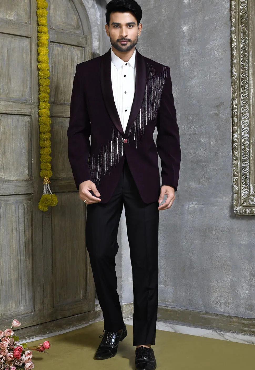 Hand Embroidered Suede Suit Set in Dark Purple