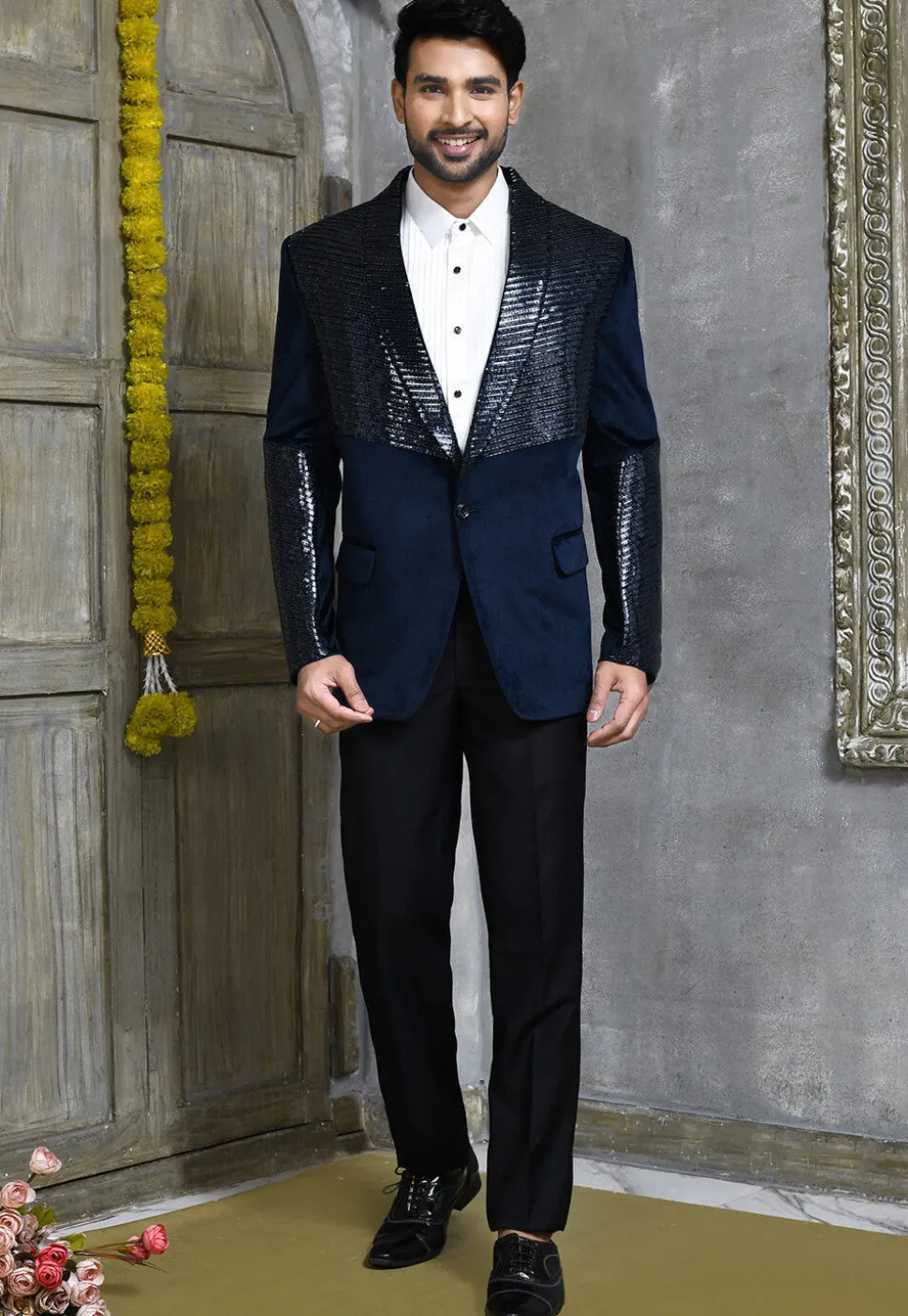 Hand Embroidered Suede Suit Set in Dark Blue