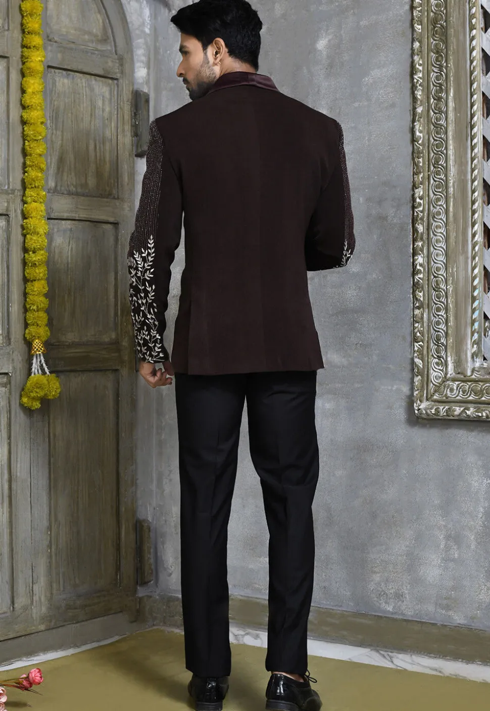 Hand Embroidered Suede Suit Set in Wine