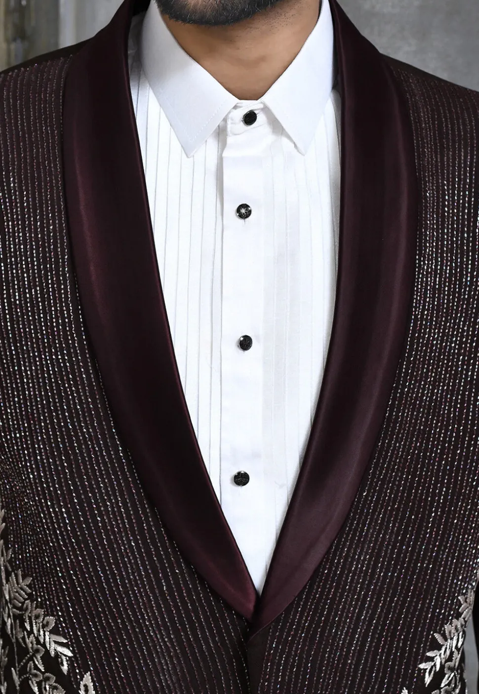Hand Embroidered Suede Suit Set in Wine