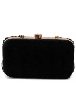 Hand Embroidered Synthetic Rectangular Clutch Bag in Black