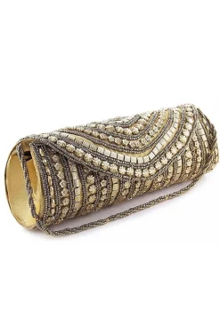 Hand Embroidered Synthetic Cylindrical Clutch Bag in Golden