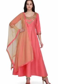 Hand Embroidered Taffeta Silk Anarkali Suit in Coral Pink