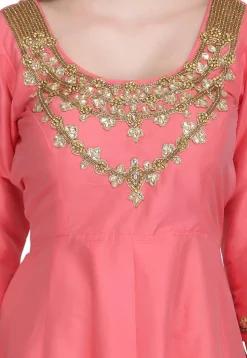 Hand Embroidered Taffeta Silk Anarkali Suit in Coral Pink