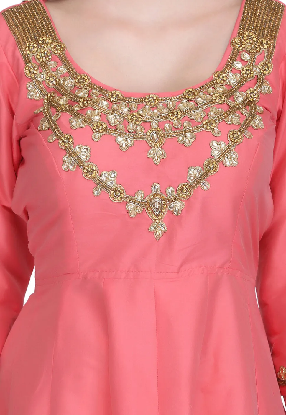Hand Embroidered Taffeta Silk Anarkali Suit in Coral Pink