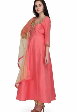 Hand Embroidered Taffeta Silk Anarkali Suit in Coral Pink