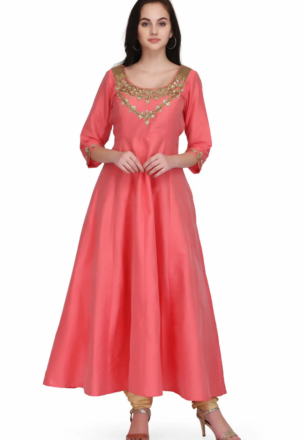 Hand Embroidered Taffeta Silk Anarkali Suit in Coral Pink