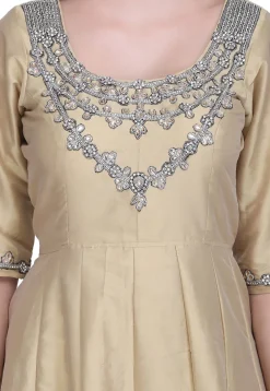 Hand Embroidered Taffeta Silk Anarkali Suit in Beige