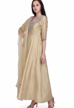 Hand Embroidered Taffeta Silk Anarkali Suit in Beige