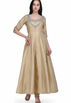 Hand Embroidered Taffeta Silk Anarkali Suit in Beige