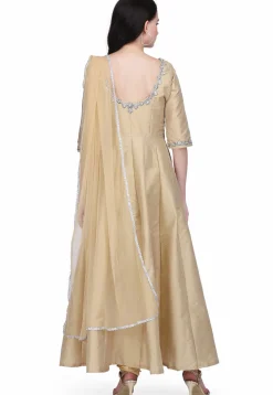 Hand Embroidered Taffeta Silk Anarkali Suit in Beige