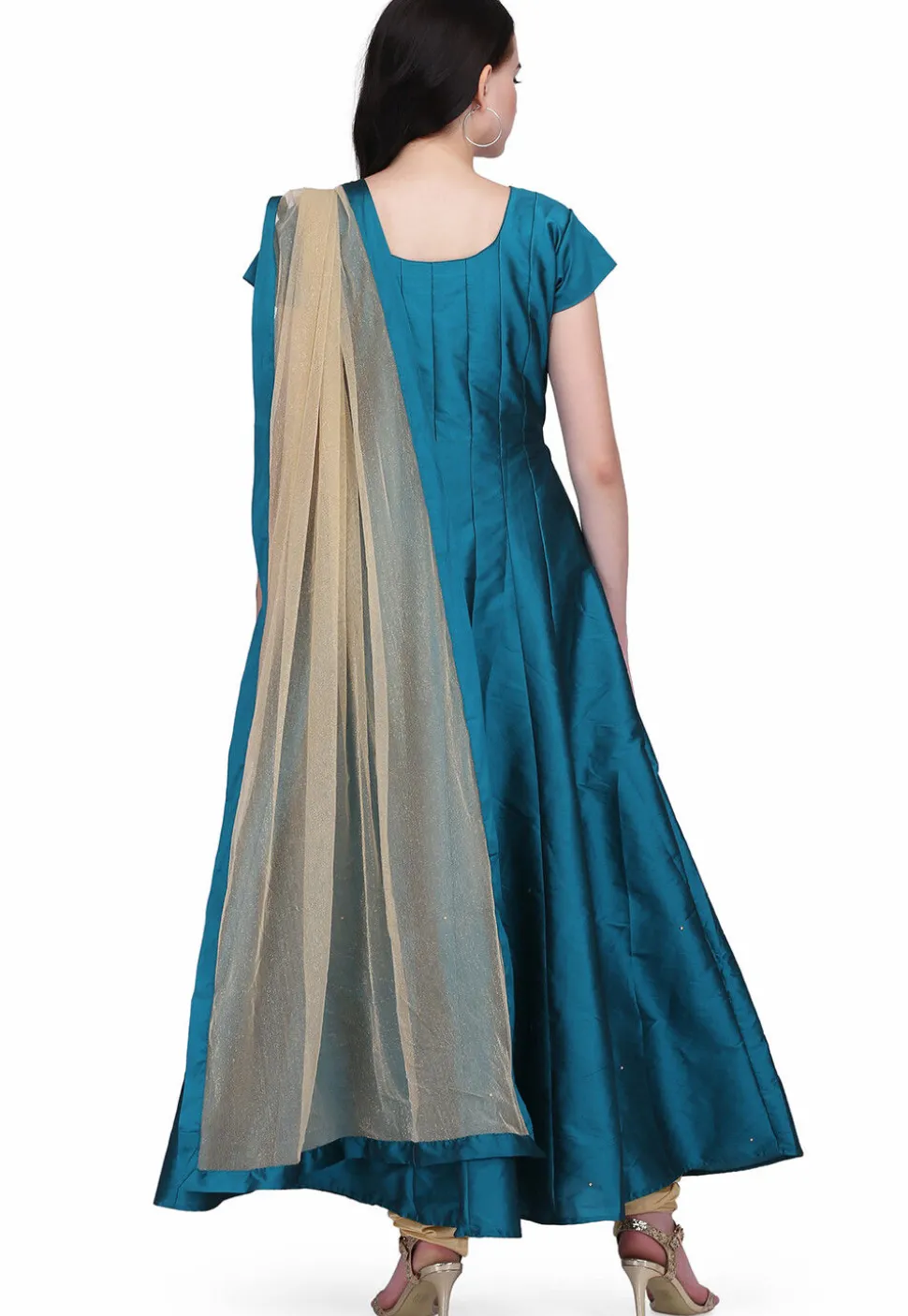 Hand Embroidered Taffeta Silk Anarkali Suit in Dark Teal Blue
