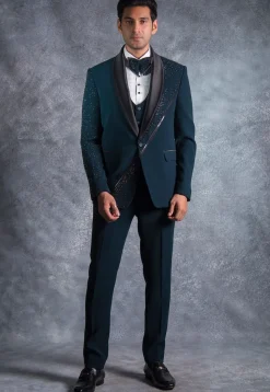 Hand Embroidered Terry Rayon Tuxedo Set in Teal Blue