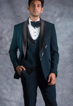 Hand Embroidered Terry Rayon Tuxedo Set in Teal Blue