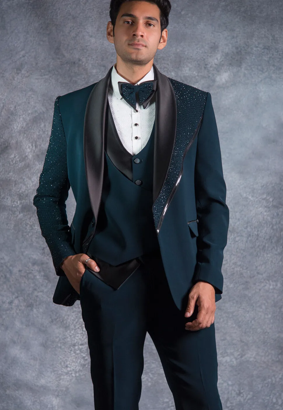 Hand Embroidered Terry Rayon Tuxedo Set in Teal Blue