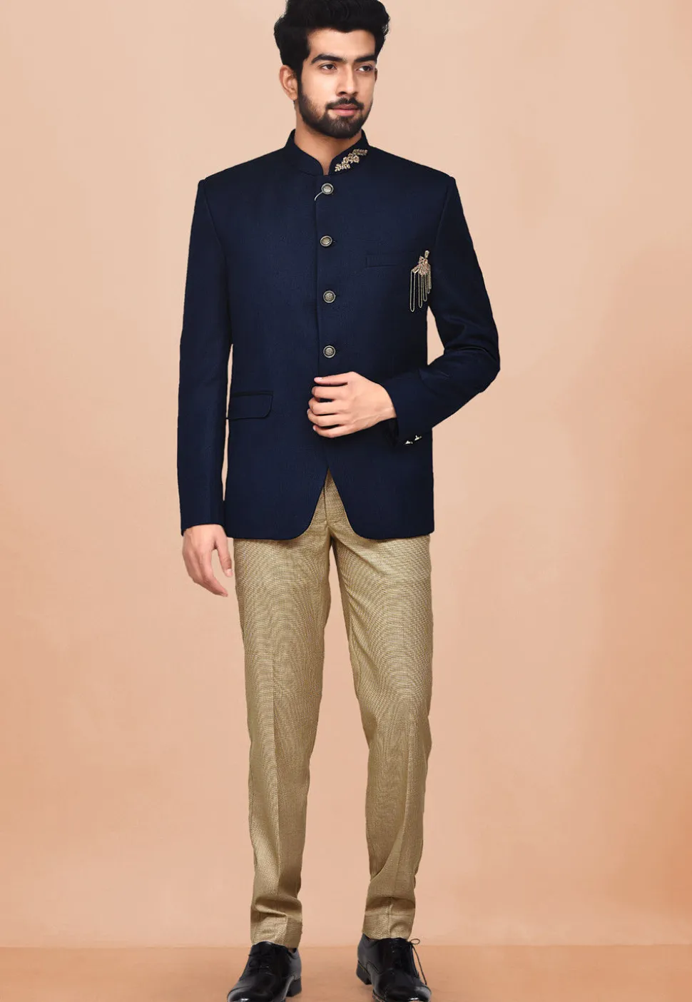 Hand Embroidered Terry Rayon Jodhpuri Suit in Dark Blue