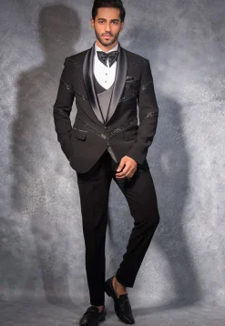 Hand Embroidered Terry Rayon Tuxedo Set in Charcoal