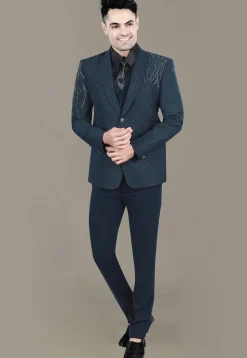 Hand Embroidered Terry Rayon Jacquard Suit Set in Teal Blue