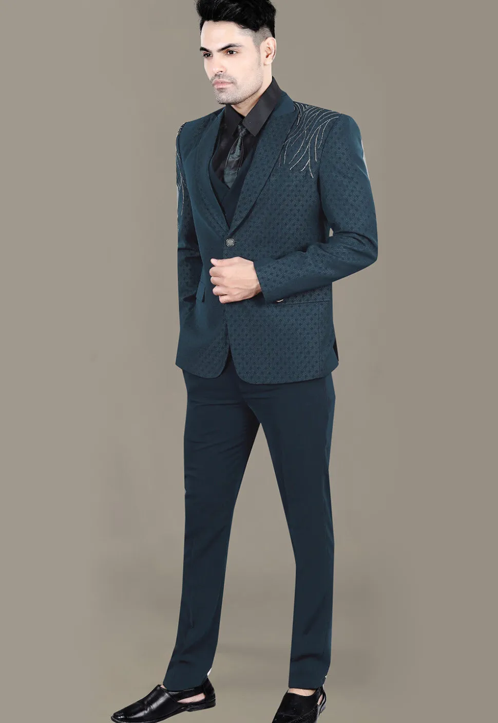 Hand Embroidered Terry Rayon Jacquard Suit Set in Teal Blue