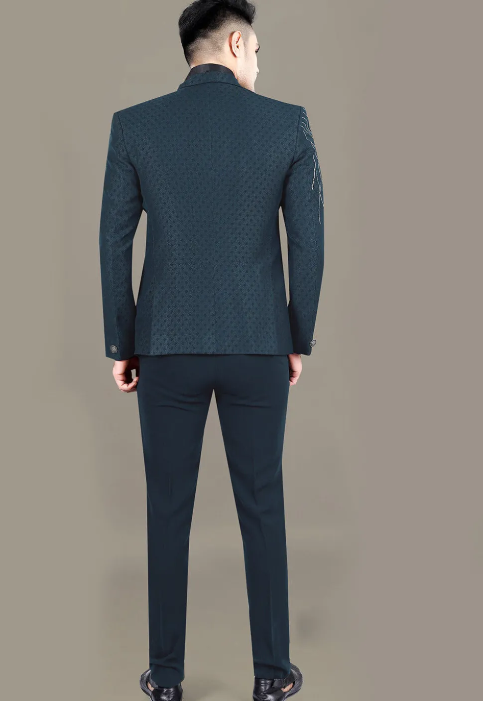 Hand Embroidered Terry Rayon Jacquard Suit Set in Teal Blue