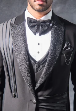 Hand Embroidered Terry Rayon Tuxedo Set in Black