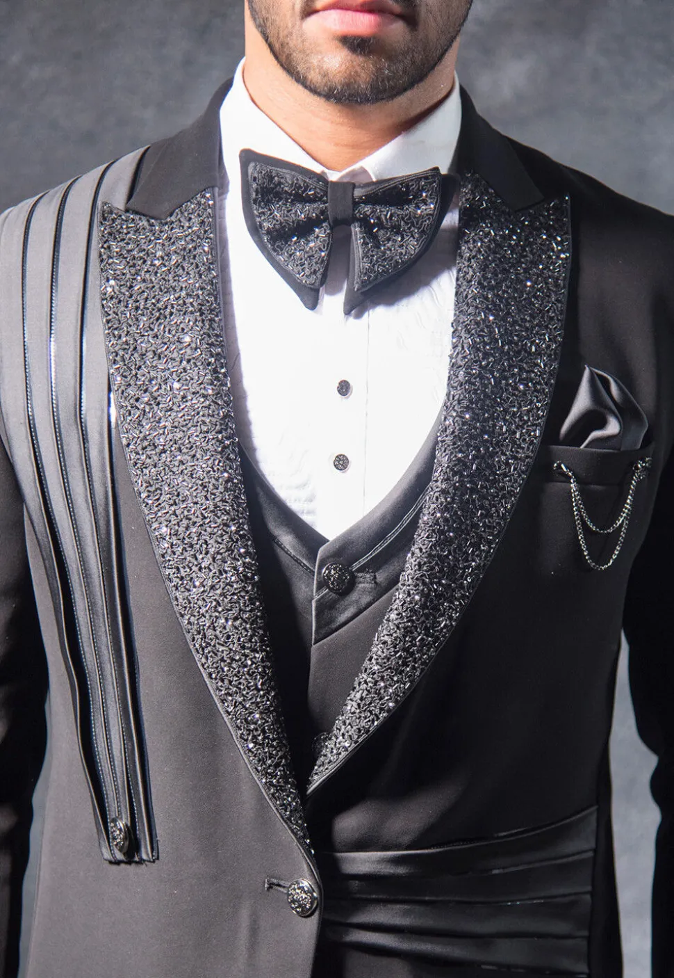 Hand Embroidered Terry Rayon Tuxedo Set in Black