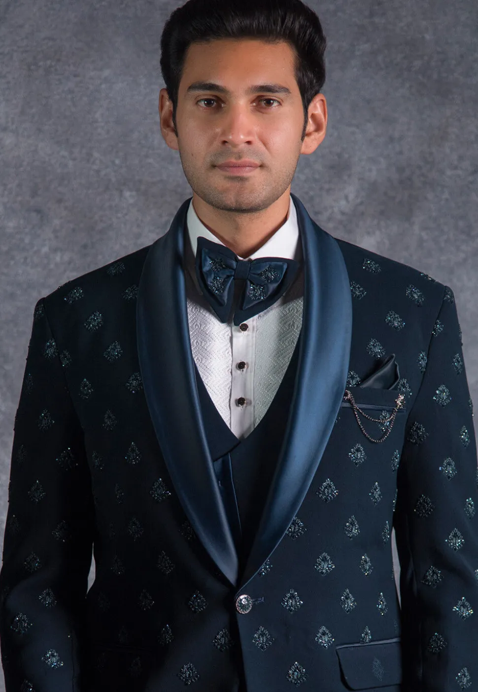 Hand Embroidered Terry Rayon Tuxedo Set in Teal Blue
