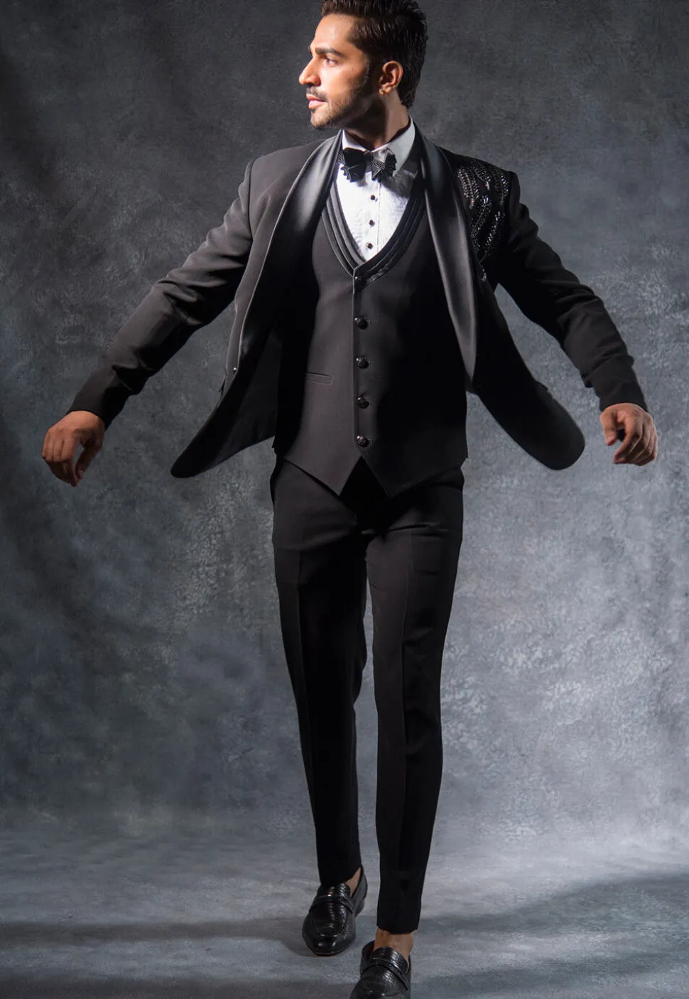 Hand Embroidered Terry Rayon Tuxedo Set in Black