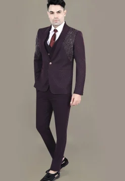 Hand Embroidered Terry Rayon Jacquard Suit Set in Wine