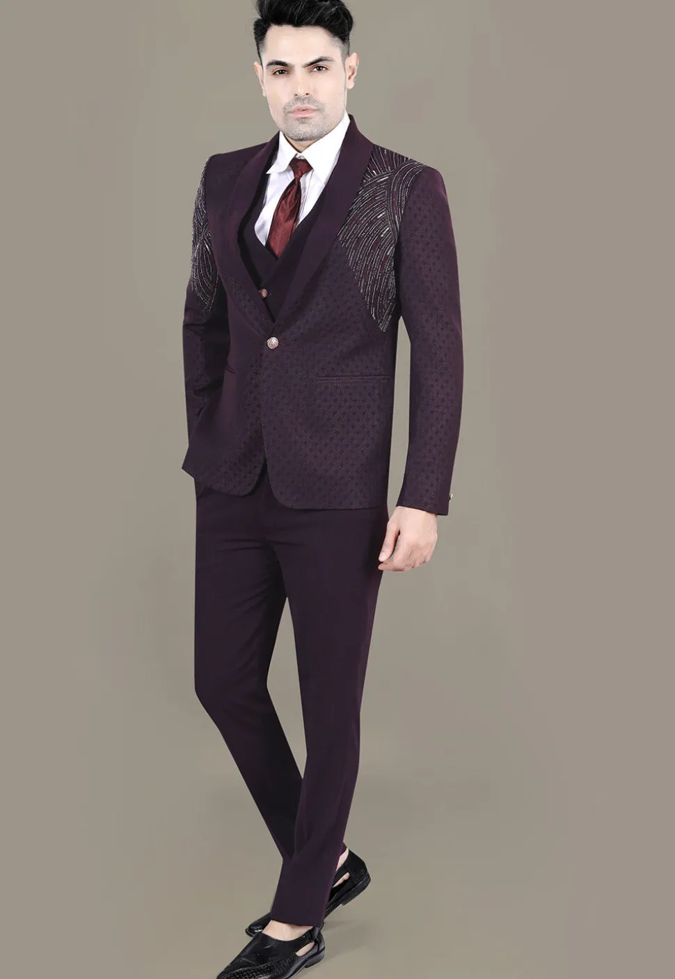 Hand Embroidered Terry Rayon Jacquard Suit Set in Wine