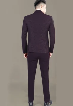 Hand Embroidered Terry Rayon Jacquard Suit Set in Wine