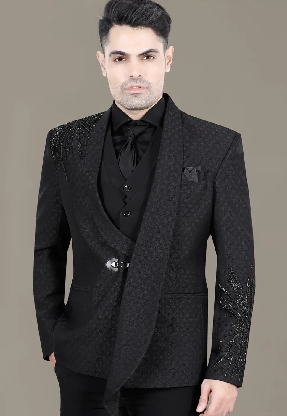 Hand Embroidered Terry Rayon Jacquard Blazer in Black