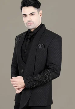 Hand Embroidered Terry Rayon Jacquard Blazer in Black