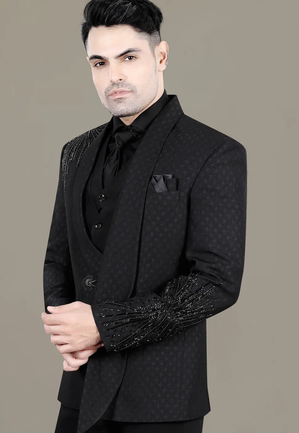Hand Embroidered Terry Rayon Jacquard Blazer in Black