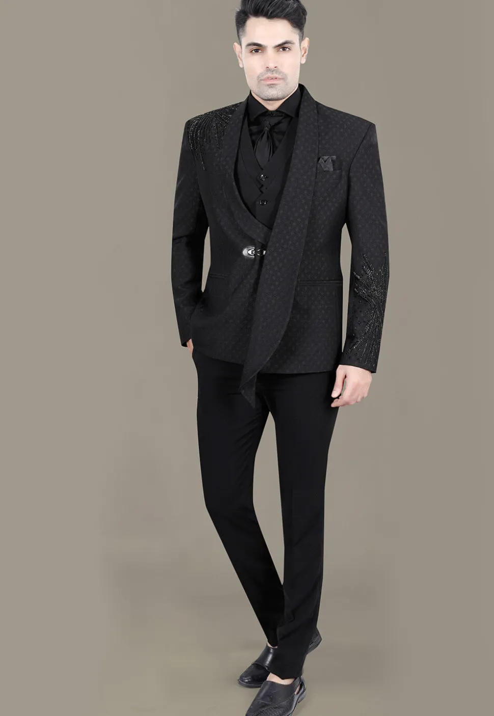 Hand Embroidered Terry Rayon Jacquard Blazer in Black
